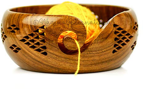 Rosewood Crafted Wooden Yarn Storage Bowl with Carved Holes & Drills | Knitting Crochet Accessories | Nagina International (Small)
