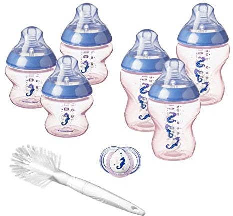 Tommee Tippee Closer to Nature Flaschen-Starter-Set für Neugeborene, brustähnliche Sauger mit Anti-Kolik-Ventil, rosa Seepferdchen-Dekoration