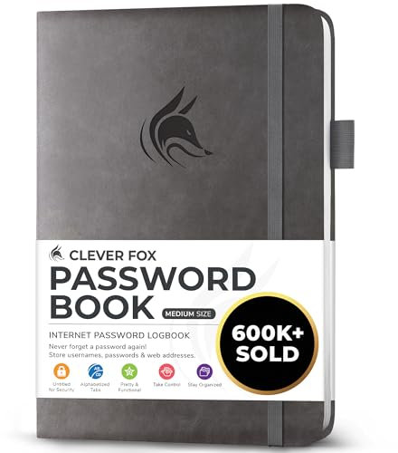 Clever Fox Passwortbuch mit Registerkarten - Adress- und Passwort-Organisationsbuch mit alphabetischen Registerkarten - Mittelgroßes Passwortbuch für Computer- und Website-Logins, Grau