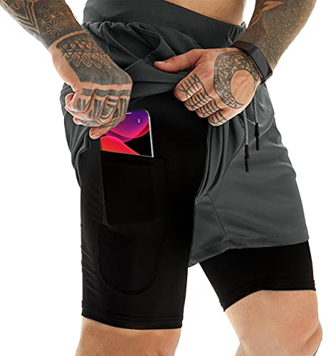 OEBLD Mens Athletic Shorts 2-in-1 Gym Workout Running 7'' Shorts with Towel Loop, White, Small