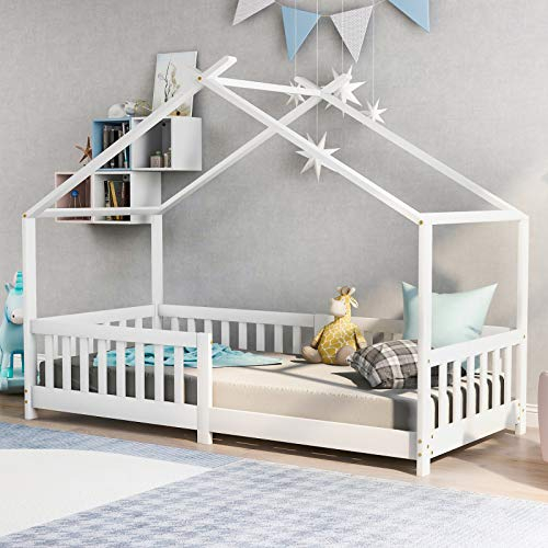 belupai Sch?NES Hausbett Kinderbett,Vollholz mit Zaun und Lattenrost, mit Rausfallschutz für Kinder- und Jugendzimmer,Wei? (200x90cm)