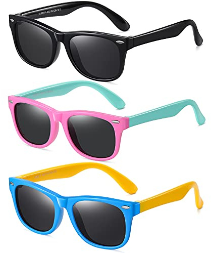 DYLB Kids Polarized Sunglasses for girls boys 3 Pack, Flexible TPEE Rubber Frame for Children Age 3-8. (Black +Pink Green +Blue Yellow)