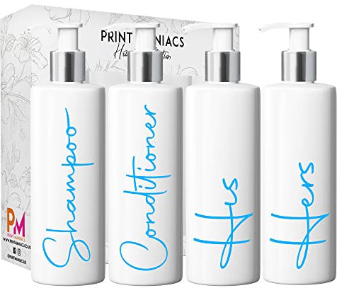 Print Maniacs White Mrs Hinch Inspired Personalised 500ml Pump Bottles Bathroom Lotion Kitchen Set Shampoo Conditioner (Set 4 His Her, F2 ) (Baby Blue)