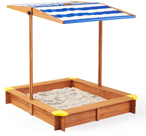 Kid's Sandbox with Cover, 46''x46'' Outdoor Wooden Sandpit w/Adjustable Canopy for Backyard Play