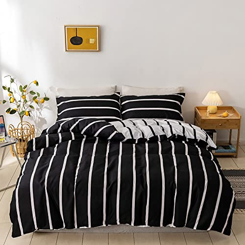 Reversibile Geometrico Set Copripiumino Letto Matrimoniale Completo King Size 1 Sacco Copripiumino 240x220 cm e 2 Federe 50x75 cm Copri Piumone Righe Parure Biancheria Letto Microfibra Nero
