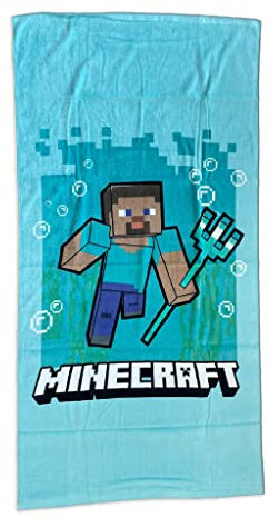 Fashion UK Minecraft Strandtuch, groß, 70 x 140 cm, 100 % Baumwolle, Modell Steve Triden, offizielles Handtuch für Pool, Blau