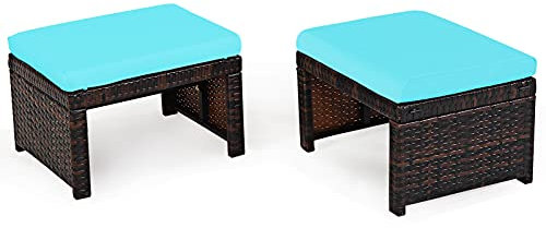 COSTWAY 2er Set Outdoor Rattan Hocker, Rattan Ottomanen, Fußhocker mit weichem Kissen, Rattentisch mit hochdichter Schaumstoff, Gartenhocker Gartentisch für Terrasse Garten Pool (Türkis)