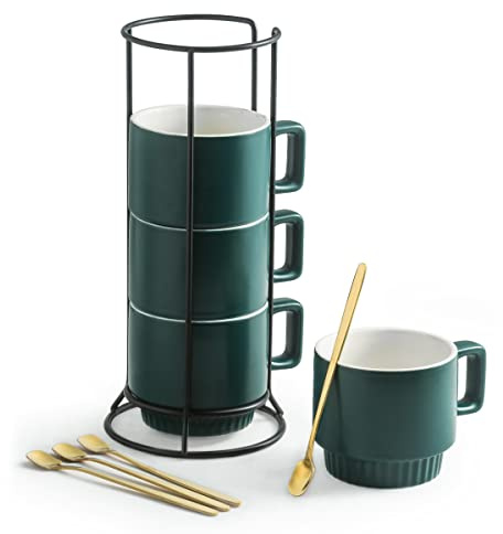 Miamolo Stackable Coffee Mugs Set of 4 with Holder Spoons 11oz Ceramic Cappuccino Cups for Espresso Latte Tea Drinks, Dishwasher & Microwave Safe, Green