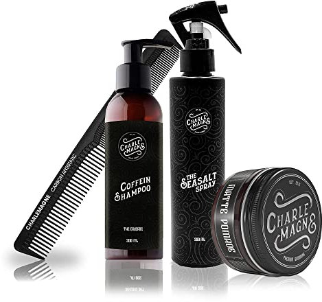 Charlemagne Haarpflege Bundle – Matte Pomade, Koffein Shampoo, Sea Salt Spray, Haarstyling Carbon Kamm - Geschenk Set für Männer - Haarstyling Set - Meersalz Spray für Haare - Seasaltspray