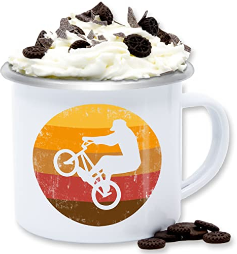 Emaille Tasse Blechtasse - Deko Hobby Geschenk - BMX Jump - 300 ml - Weiß Silber - mountainbike downhill vintage fahrrad rad fahrradmotiv für fahrradfahrer radsport mtb