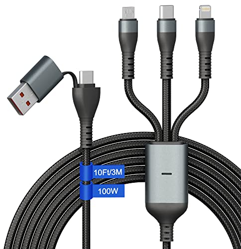 100W Multi Cable de carga USB C 10Ft MFi Certified USB A/C a largo 3-en-1 USB C Cable Tipo C+Lightning+Micro USB Cable de carga rápida,Multi USB Cable de carga para el ordenador portátil iPhone