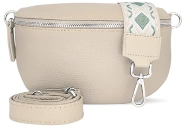 Bella Blossom Bauchtasche Damen, Umhängetasche aus 100% Echtleder, Elegante Crossbody-Bag mit gemusterten & verstellbaren Schultergurt, Schultertasche für jeden Anlass Beige2 L