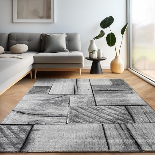 Carpettex Teppich Wohnzimmer Kurzflor 240 x 340 cm Modern 3D-Holzdesign Schwarz - Teppich Schlafzimmer Extra Weich Flauschig Waschbar Küchenteppich - Esszimmer Kinderzimmer Wohnzimmerteppich