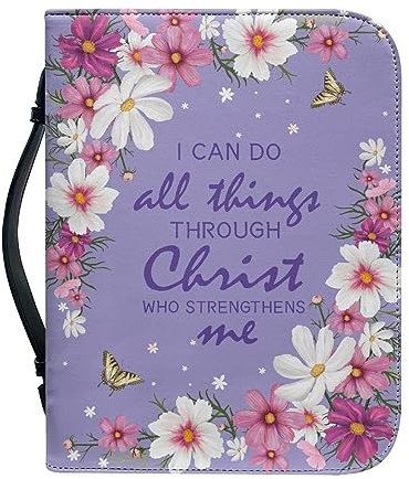 Psaytomey Religiöse PU Leder Bibelhülle Lila Gänseblümchen Geschenk für Männer Frauen Bibelhalter Tasche Geschenke für Pastor Freunde Kirche Tragetaschen mit robustem Griff