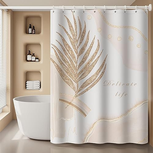 SHATSS Rideau Douche Feuille d'or Beige Anti Moisissure,Tissu Polyester,Imperméable,Rideaux Baignoire Lavable en Machine,12 Crochets