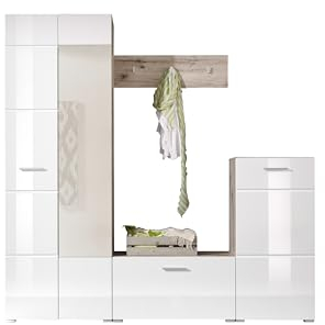 AVANTI TRENDSTORE Tiriolo - guardaroba completo in legno laminato nel colore bianco lucido e quercis sabbia, composto da armadio, panca, comó e mensola. Dimensioni LxAxP 195x195x36 cm