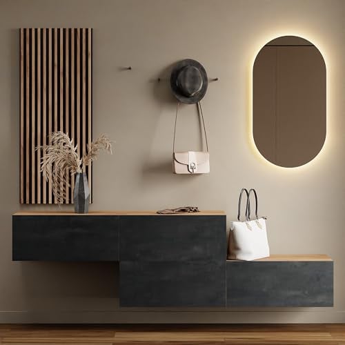 Planetmöbel Flur Möbel Garderobe 2X 140cm Gold Eiche/schwarz Charcoal, Wandpaneel 50cm Gold Eiche/Anthrazit mit Spiegel 50cm (ohne LED), Wandgarderobe 32,5H x 140B x 37,8T cm