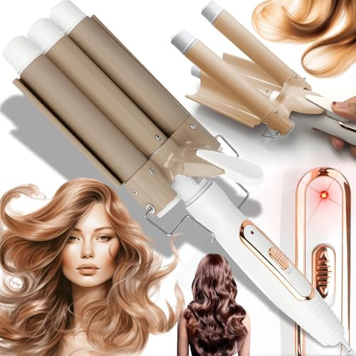 Retoo Rizador de hierro ondulado de 3 barriles, temperatura ajustable, ondas grandes, onda de calentamiento rápido para cabello largo y corto, herramienta de peinado con placas de cerámica, protección