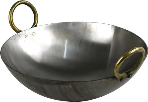 Iron Kadai Deep Frying Pan Traditional Kadhai for Cooking Indian Chinese Food Wok Pan Kitchen Tool for Families Multipurpose Hand Hammered Round Bottom Black (12 Inch)