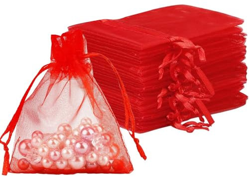 Durchsichtige Organza-Beutel, 17 x 23 cm, mittlere Organza-Geschenkbeutel, mit Kordelzug, Schmuck-Geschenkbeutel, Hochzeitsgeschenkbeutel für Party, Festival, Spiel, Rot, 50 Stück