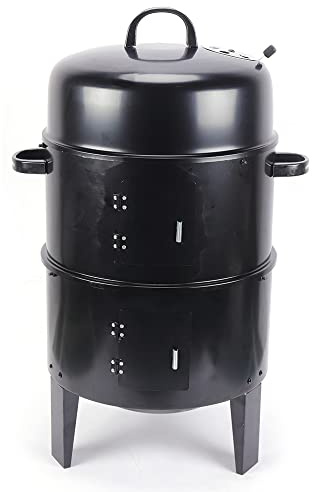 Rökelsetunna Hickory BBQ rökugn 3-i-1 träkolgrill smoker med termometer, rund grill, lätt transport rökgrill, vattensmoker | grill, lock trä, röktunna
