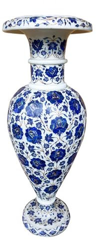 18 Inches Garden Decor Vase Inlaid with Lapis Lazuli Stone White Marble Flower Pot from Heritage Art and Crafts
