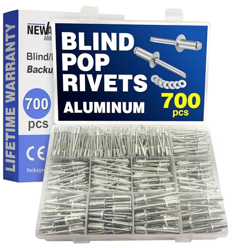 New Age America® 700pcs Blind Pop Rivets & Backup Washers | 3/32 to 1/4 | Silver | 14 Sizes | SAE Size Aluminum Rivets & 304 Stainless Steel Backup Washer | Rivet Kit w Steel Mandrel | Labelled Case