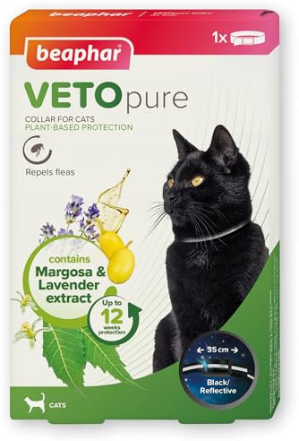 Beaphar – VETOpure Reflective Flea Collar for Cats – Plant-Based Protection – Repels for up to 12 Weeks – Contains Margosa & Lavender Extract – Safety Stretch Adjustable Collar 35cm