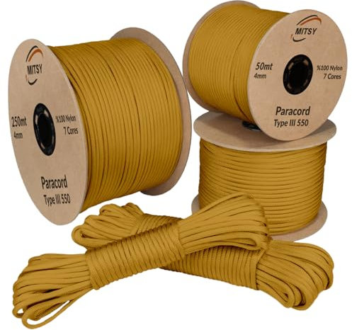 MITSY Paracord 4 mm 250 Meter Dunkel Senf 100% Nylon Schnur für Hundeleine, Camping, Outdoor und Survival Ausrüstung mit 10m, 25m, 50m, 100m, 250m Paracord 550 Typ III 7 Kern