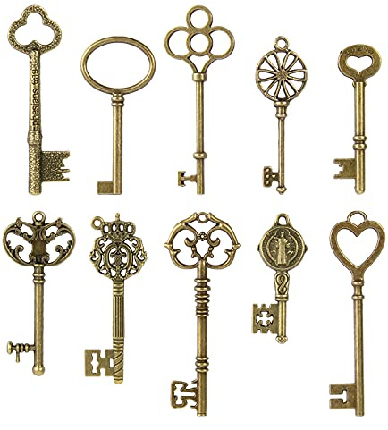 ZLKSKER 10 PCS Filigree Steampunk Keys, Double-sided Vintage Skeleton Keys Set, Antique Bronze Key Charms Pendants