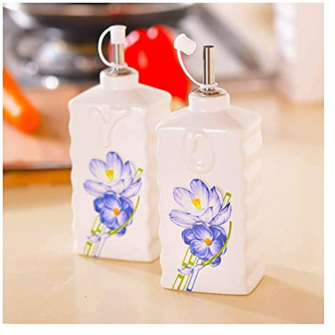 HPTHLY Bottiglia per Olio d'oliva o aceto Anti-perdite, Piante dipinte a Mano Ceramica Dispenser per Olio d'oliva Bottiglia da 350 ml, Dispenser per condimenti liquidi per Salsa di soia o aceto