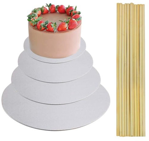 Luabue 4Pcs Cake Board 12'' 10'' 8'' 6'' Inch Round Cake Base 10Pcs Wooden Cake Dowels for Tiered Cakes White Cake Board Cake Drum Cake Cardboard Wedding Cake Board Set for Birthday Party Cakes Pizza