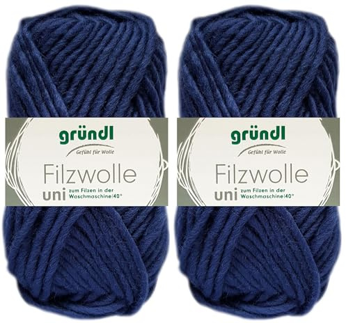 2x50 Gramm Gründl Filzwolle Uni aus 100% reiner Schurwolle inkl. Anleitung für Topflappen (16 Marine)