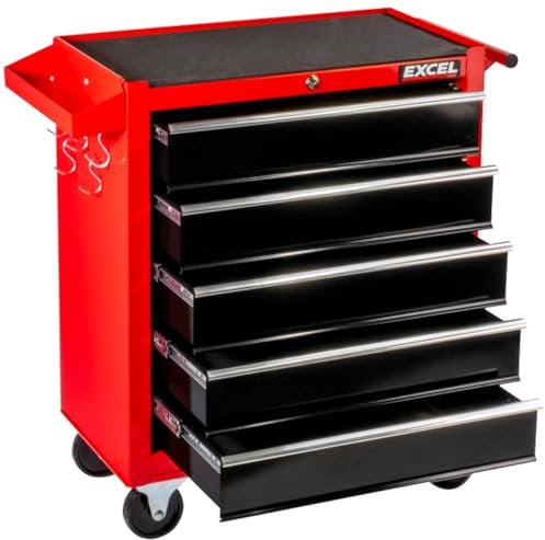 Excel Steel 5-Drawer Tool Storage Cabinet Lockable with Wheels Handle Garage Equipment Trolley Home Work DIY Workshop Chest Black and Red- Roller Cabinet, Tool Chest