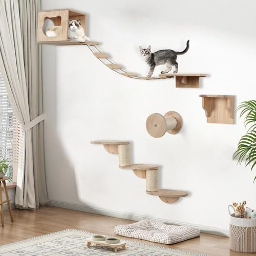 JAZUIHA Katzen Kletterwand XXL - 4-teiliges Holz-Wandpark mit Katzenhöhle, Hängebrücke, Treppe & Sisalsäule - perfekte Wandmöbel für Hauskatzen
