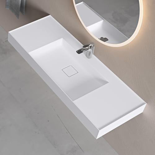 doporro Waschbecken Aufsatzwaschbecken Hängewaschbecken aus Mineralguss BTH: 120×46×12cm (M) Waschplätze in matt Weiß inkl. Ablaufgarnitur Colossum630