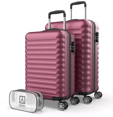 NUMADA-Juego de Maletas Rígidas 3pzs. Maleta Cabina 53cm, Maleta Mediana 63cm y Neceser. Set de Maletas de Viaje ABS Eco Friendly, 4 Ruedas Dobles, Resistentes, Ligeras y Seguras (Burdeos)