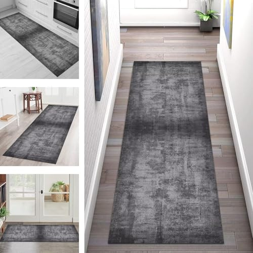 SGLGSTORE Teppich Läufer Flur Küche rutschfest Waschbar Teppichläufer Flur Grau 50X200CM Modern Teppichläufer Fußmatte Polyester Anpassbar für Vorzimmer Eingangsbereich Schlafzimmer Wohnzimmer Küche