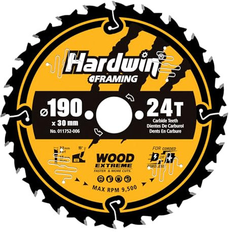 Hardwin Lame de Scie Circulaire 190mm 24 Dents ATB Carbure Tungstène, Alésage 30mm, Compatible Scies sur Table/Portatives/Sur Rail