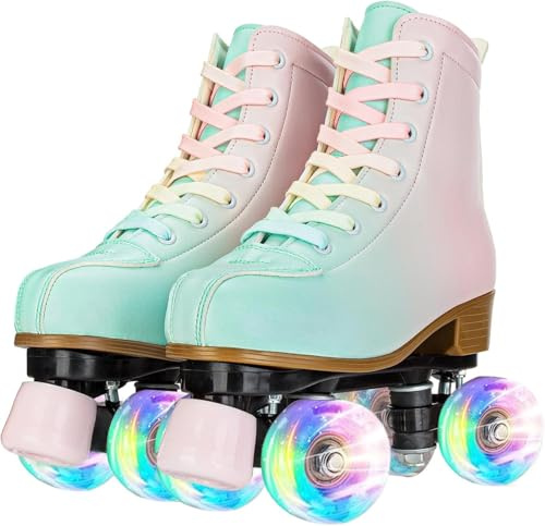 XUDREZ Patins à roulettes clignotantes vert et rose à double rangée, chaussures à roulettes pour enfants, jeunes hommes et femmes, débutants, chaussures à roulettes lumineuses 37