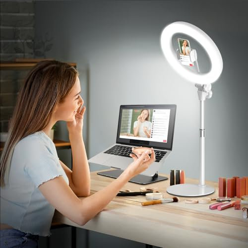 Ring Light with Stand, Evershop 10'' Desk Ring Light with Phone Holder for Laptop/Webcam/Computer/Monitor, Circle Halo Light for Video Calls, Video Recording, Zoom Meetings, Makeup, Selfie, YouTube