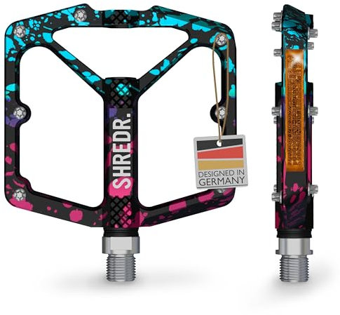 SHREDR. Shine Pedale für MTB | Hochwertige Flatpedals fürs Mountainbike | Mit Reflektoren (StVZO konform) | Special Edition - Jedes Pedal ist EIN Unikat (pink/türkis, XL)