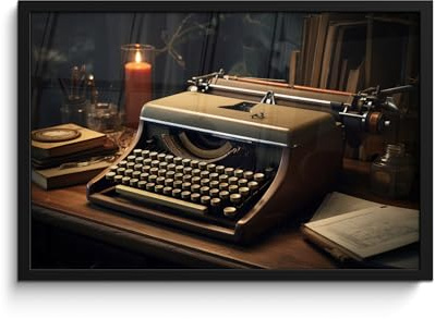 MuchoWow© Wandbilder mit Rahmen Wanddeko Bilder Wohnzimmer Moderne | 60x40 cm - Zimmerdeko Geschenk Bilderrahmen Vintage - Schreibmaschine - Kerze - Alt - Schreibtisch