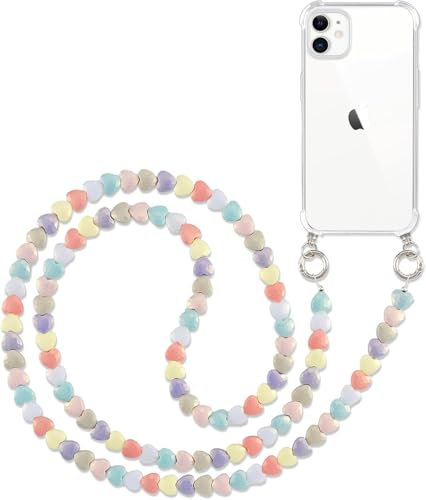Pnakqil Handykette mit Perlenkette für Apple iPhone 11 Hülle mit Band Schultergurt zum Umhängen Schnur Handyhülle Kette Handy Umhängeband Transparent TPU Silikon Case für iPhone 11 6.1,Herz