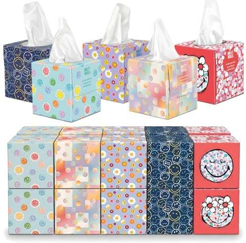 SmileyWorld - Ultra Soft Taschentücher – 20 Würfelboxen x 48 Blatt (960 Blatt gesamt) – Weich, saugstark und dekorativ – Papiertaschentücher (Mehrfarbig)