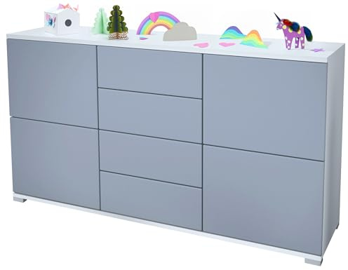 Vladon Sideboard Rova V1, Kommode mit 4 Türen und 4 Schubladen, Weiß matt/Denim matt (138,5 x 75,5 x 35)