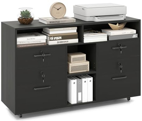 COSTWAY Rollcontainer mit 4 Schubladen, mobiler Aktenschrank abschließbar mit verstellbarem Regal & offenen Fächern, Büroschrank für Schreibtisch, Druckerständer für Zuhause, Büro (Schwarz)