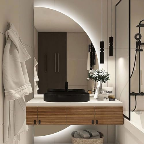 Specchio da bagno intelligente anti-appannamento a mezzaluna retroilluminato a LED con 3 temperature di colore e luminosità regolabile, perfetto per camera da letto, soggiorno, bagno, ingresso.
