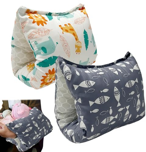 GOEDCH Arm-Stillkissen Für Unterwegs: 2 Stück Baby Stillkissen Mit Baumwolle, Ergonomische Unterstützung Und Lagerungskissen, Für Komfortables Stillen Und Füttern (23cm × 18cm, Grau Fisch Design)
