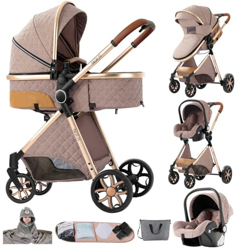 3 in 1 Kinderwagen Khaki, Hochlandschaft | Stabiler Aluminiumrahmen und hohe Sitzposition für besseren Ausblick. Einfach faltbar,faltbar mit kostenlosem Badetuch